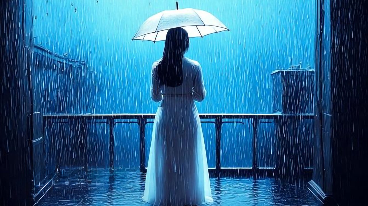 on a rainy day. a woman with with dress hold a white umbrella